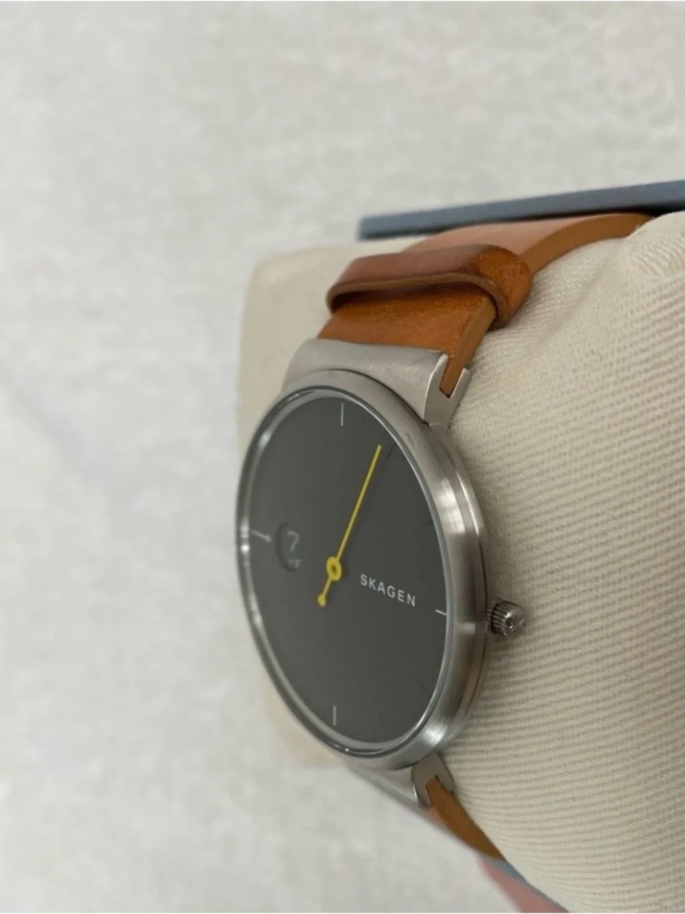 Skagen Men's Cognac Leather Ancher Gray Stainless Steel Adjustable Watch Classic